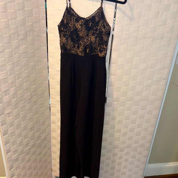 Asher Pants - W Black and tan wide leg fitted jumpsuit with adjustable spaghetti straps- xs